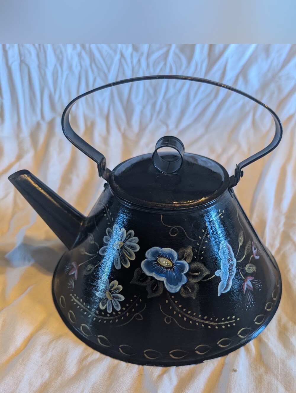 2/60$ Vintage Black Hand-Painted Floral Teapot enameled steal